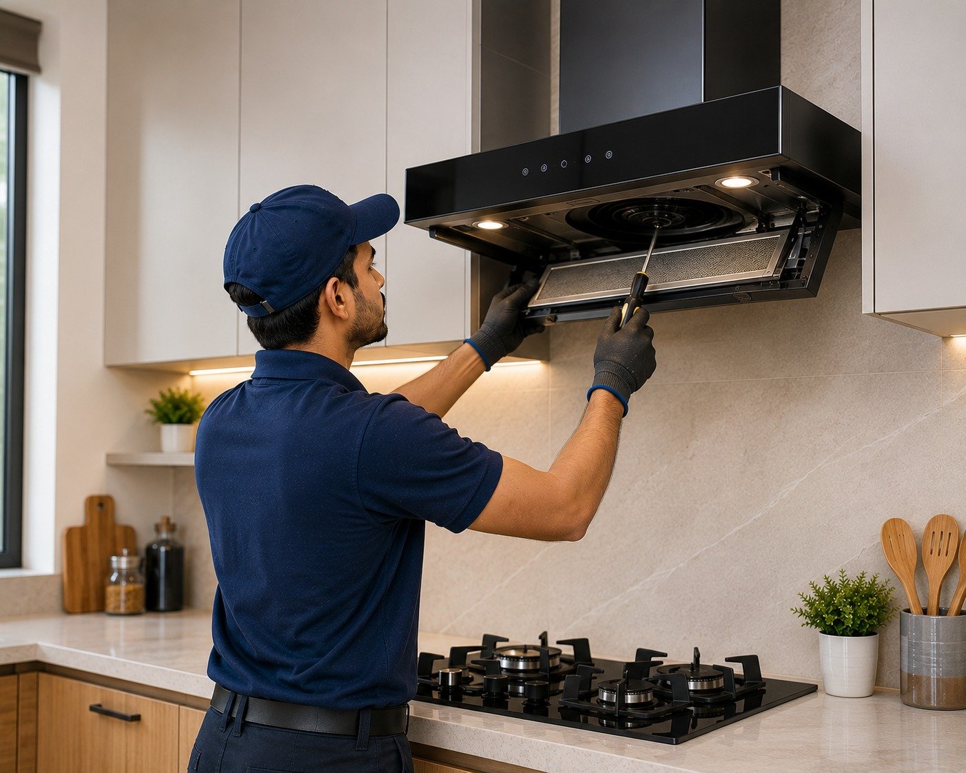 Professional technician repairing a wall-mounted kitchen chimney in a clean modern kitchen