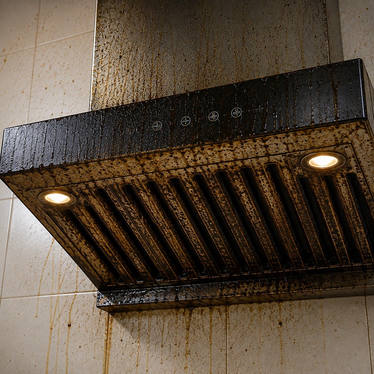 Dirty grease-covered chimney before cleaning