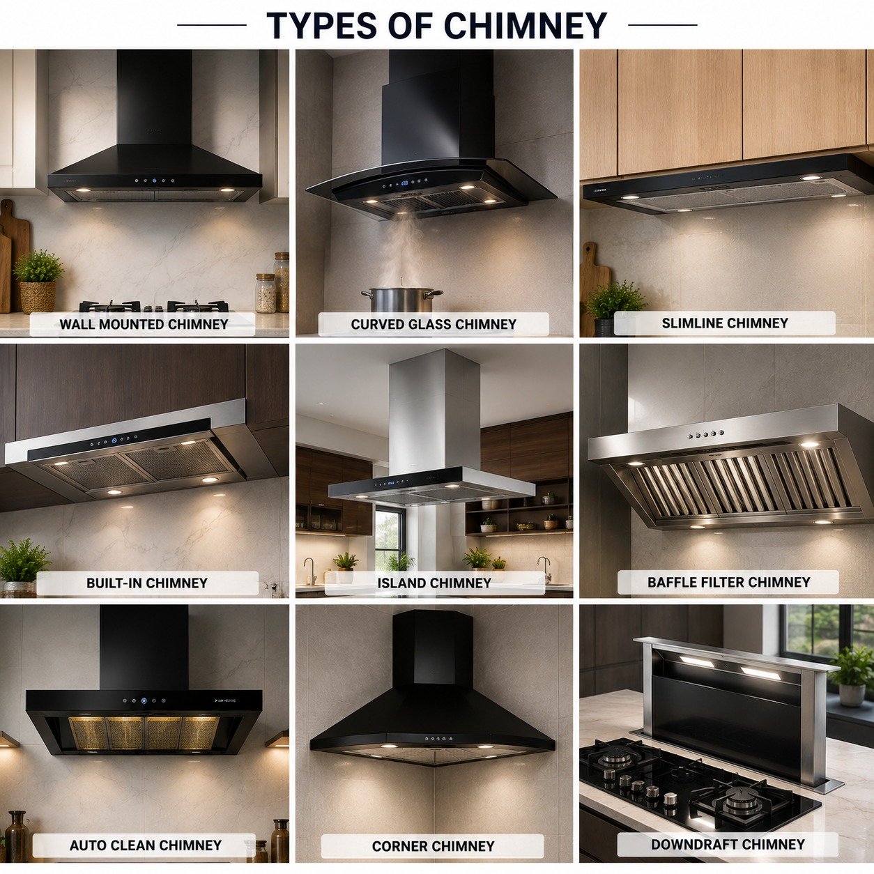 Collection of different kitchen chimney types