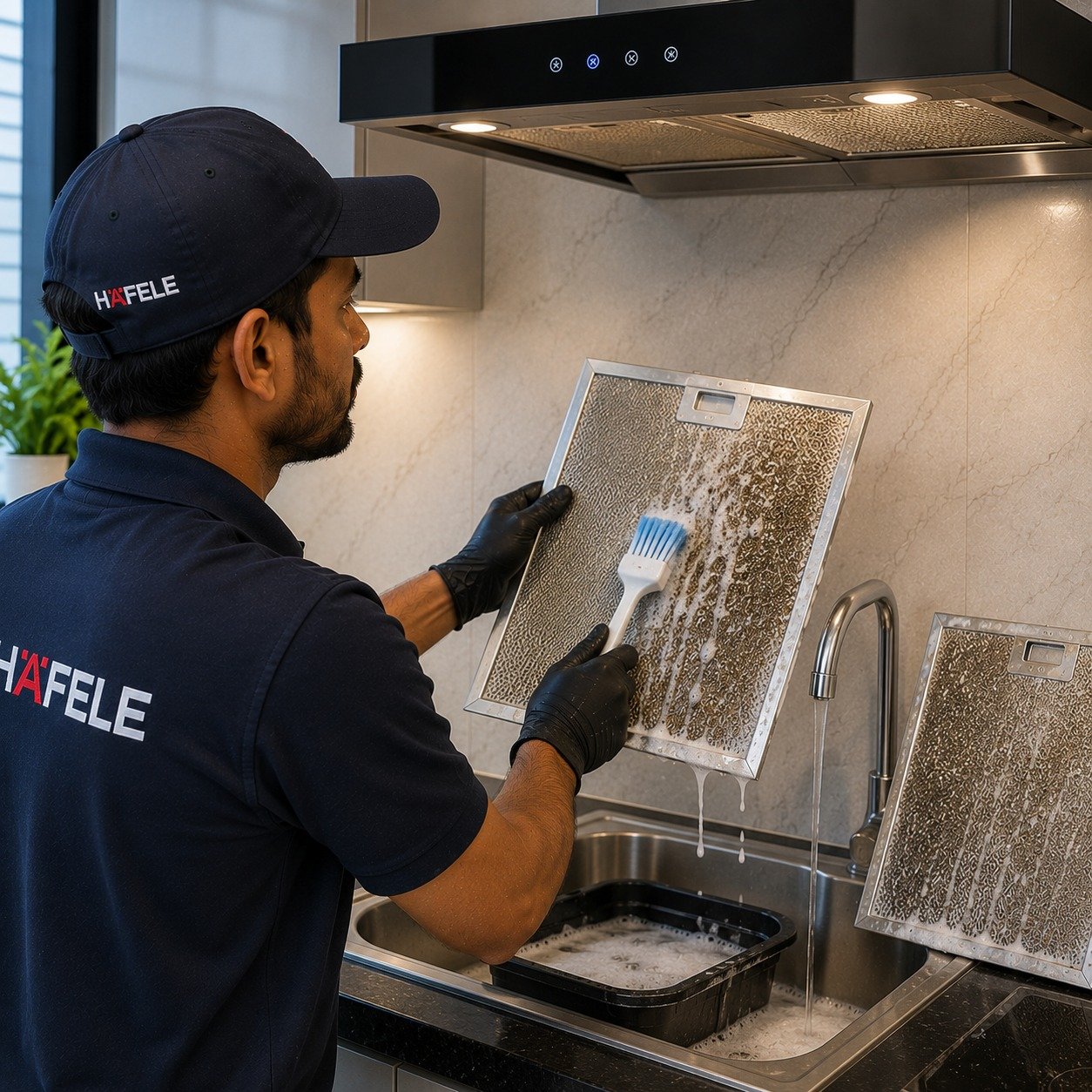 Technician removing grease from chimney filters
