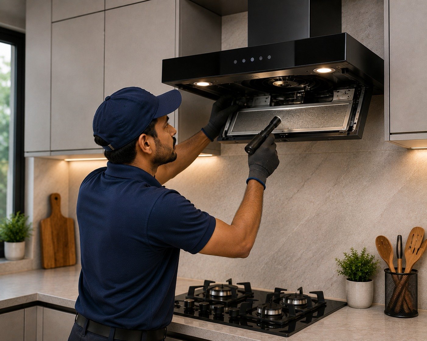 Technician inspecting kitchen chimney motor with tools