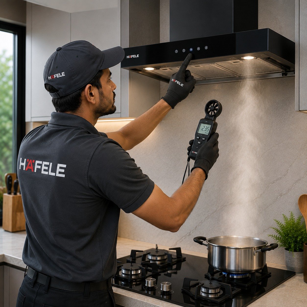 Technician testing kitchen chimney after repair